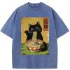 Vintage Japanese Cat Printed Funny Washed T-Shirt Holiday Summer 100% Cotton Tops Casual Loose Fittness Chic Tunics