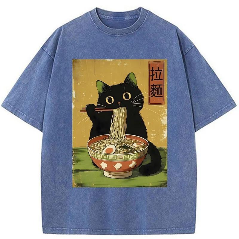 Vintage Japanese Cat Printed Funny Washed T-Shirt Holiday Summer 100% Cotton Tops Casual Loose Fittness Chic Tunics