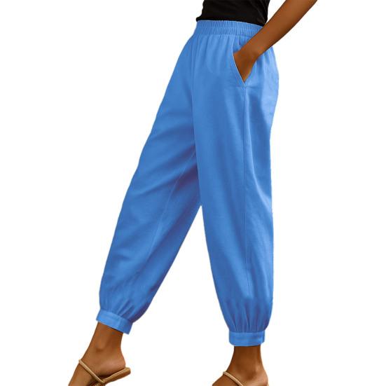 

Women Casual Pants Elastic Mid-rise Wide Leg Ankle-Tied Design Long Trousers with Pockets Pure Color Ankle S синий