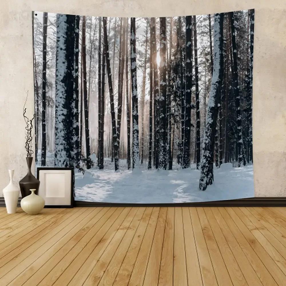 Winter Wandteppich Wald Verschneiter Kiefernbaum Wandteppich Sonnenaufgang Naturlandschaft Wandteppich Wandbehang Dekor für Schlafzimmer Wohnzimmer Studentenwohnheim