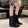 Cowhide version pointed thick heel thin trouser boots women's retro western cowboy boots women's Maillard brown knight boots