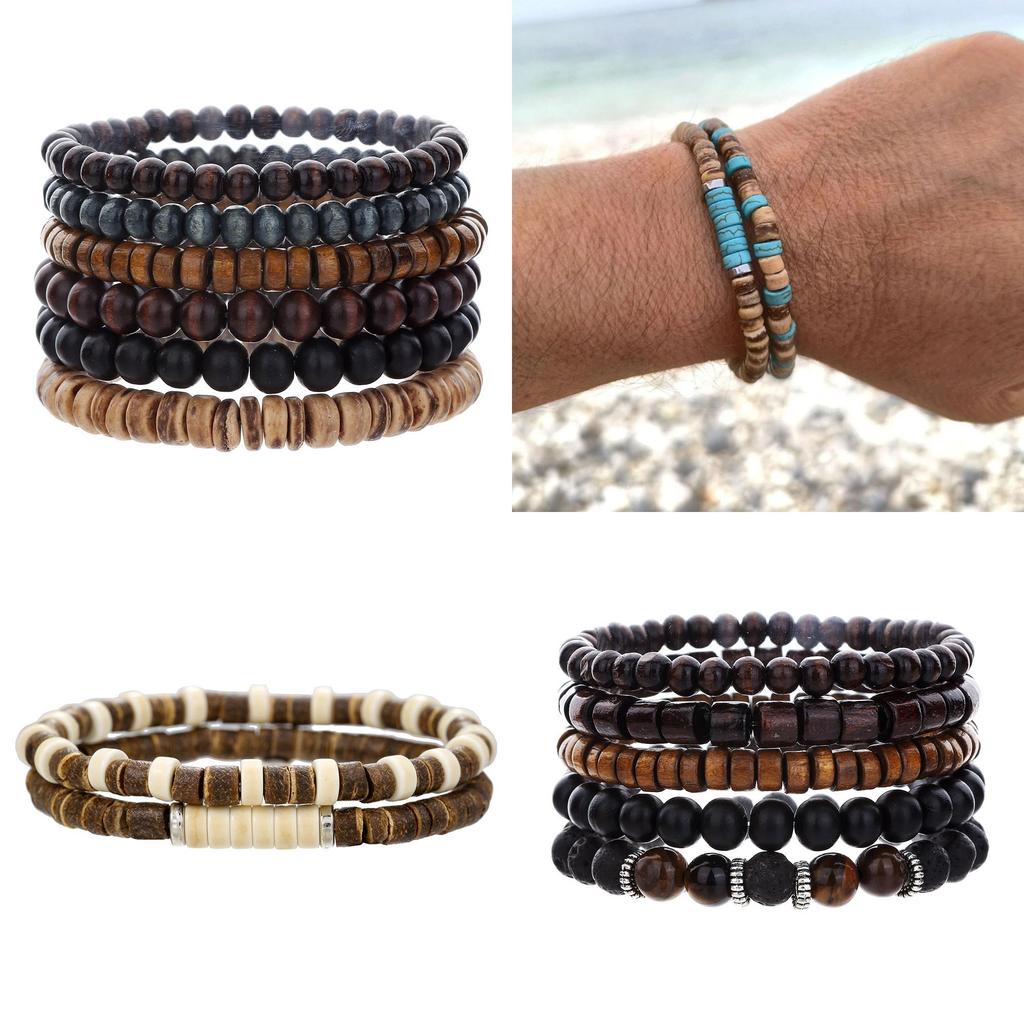 Handgefertigte Geometrische Kokosnussschalen-Perlenarmbänder für Männer und Frauen mit mehrlagigem Design