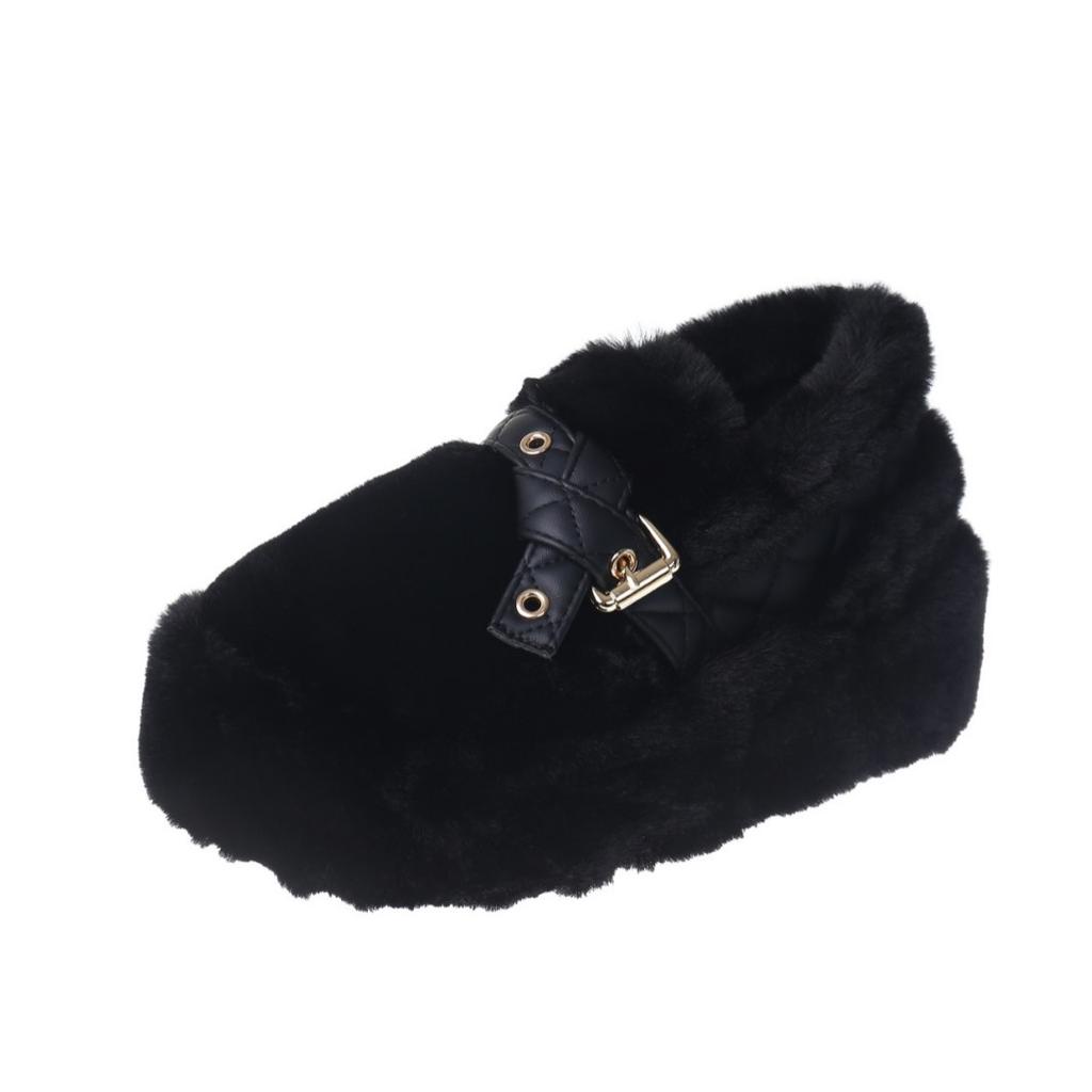 Belt buckle thick-soled fluffy slippers for women 2025 autumn and winter new Korean version medium heel outer wear versatile plush slippers for women