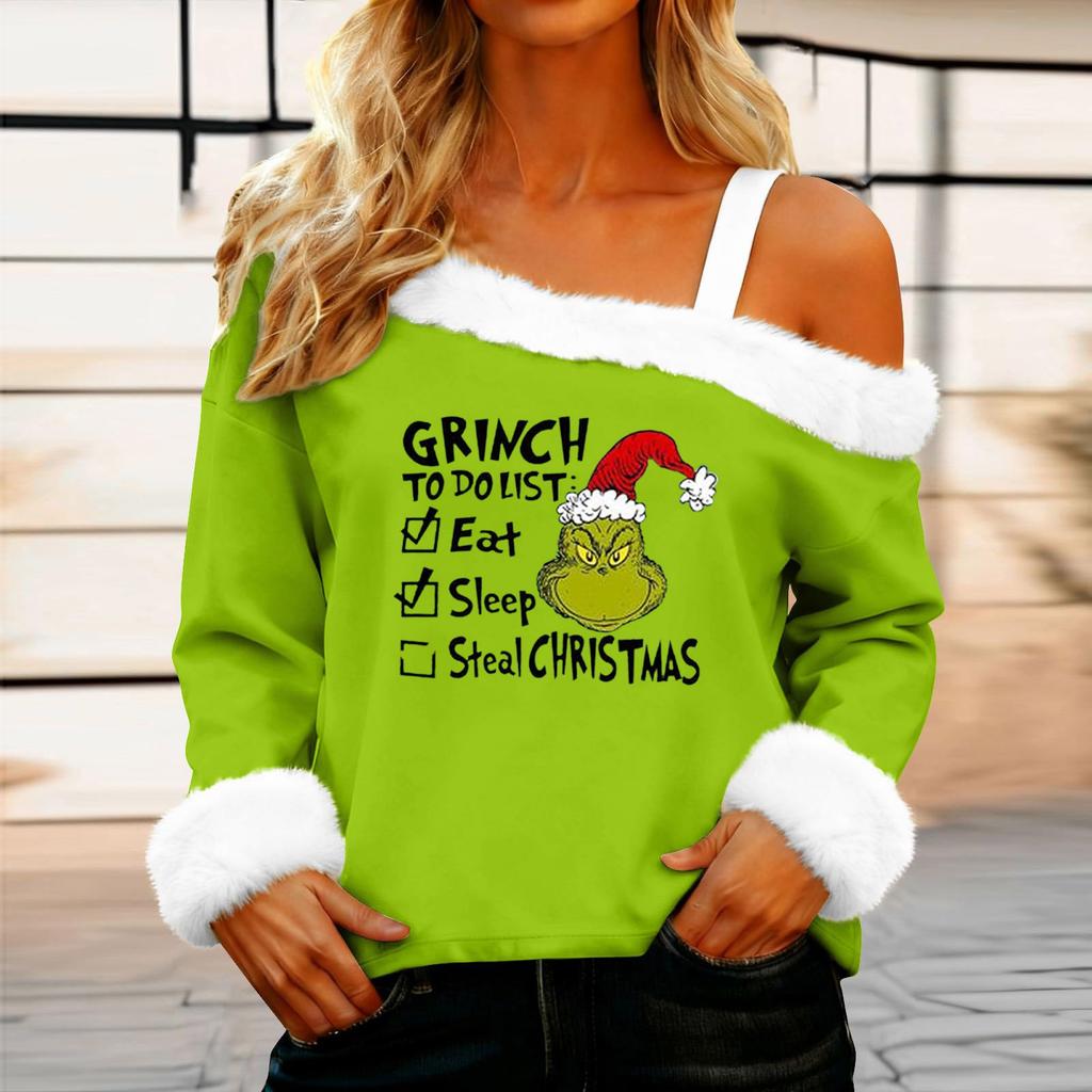 Women's Casual Fashion Sexy Off-Shoulder Collar Christmas Pattern Long Sleeve Crewneck T-Shirt Top