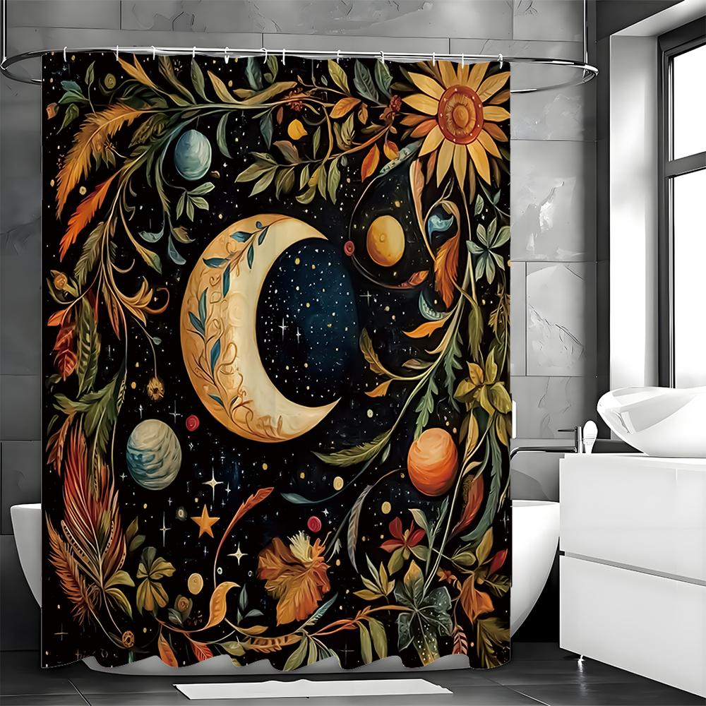 Moon Planet Floral Star Shower Curtain, Bathroom Decorative Shower Curtain, Waterproof Shower Curtain with Hooks