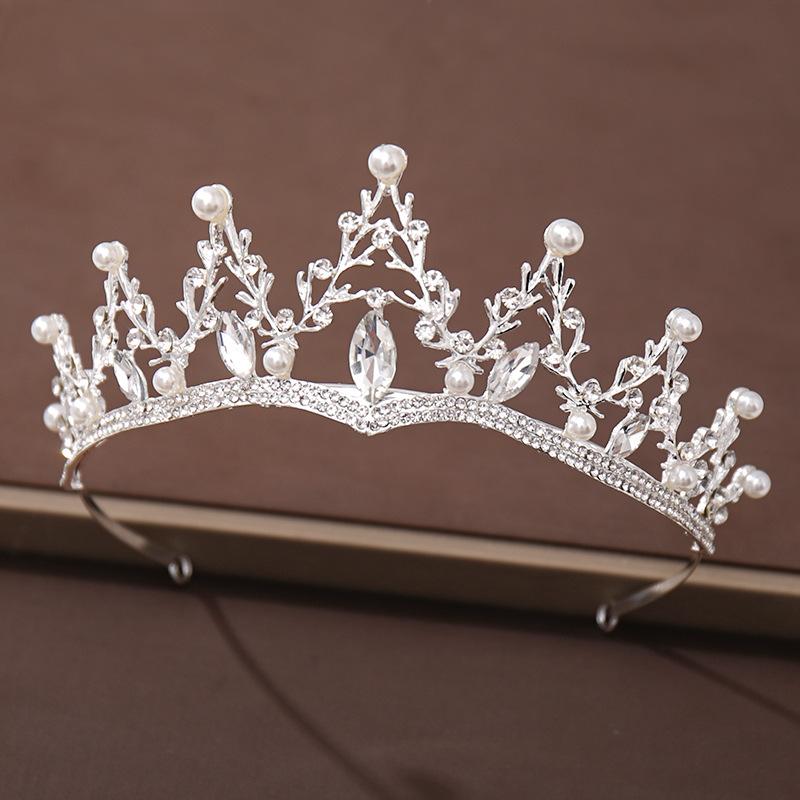 Silver Color Crystal Pearl Crown Tiara Headband for Women Rhinestone Prom Diadem Bridal Wedding Hair Accessories Jewelry Crown