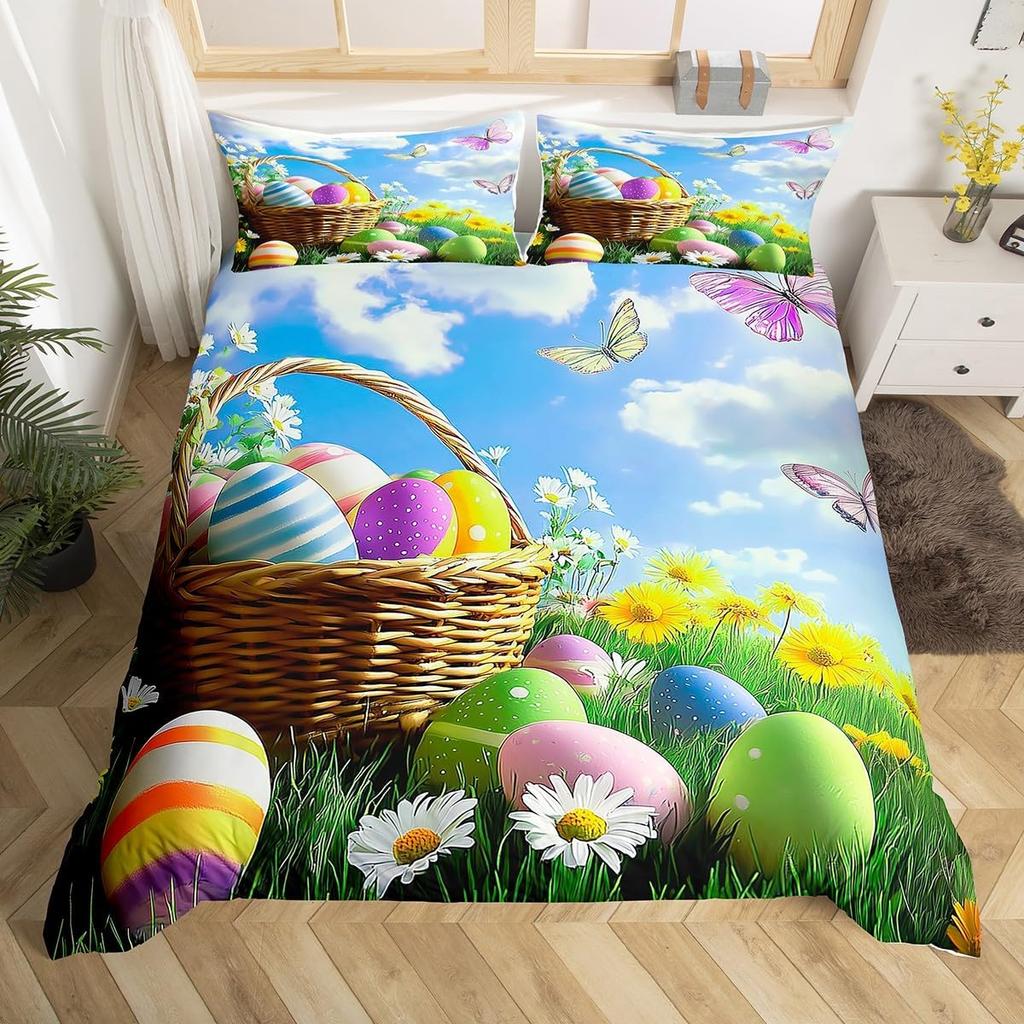Juego de Ropa de Cama Suave con Huevos de Pascua Estampado 3D Dibujos Animados de Conejo Huevos Funda Nórdica Funda de Almohada de Poliéster Saludos y Regalos Para el Día de Pascua