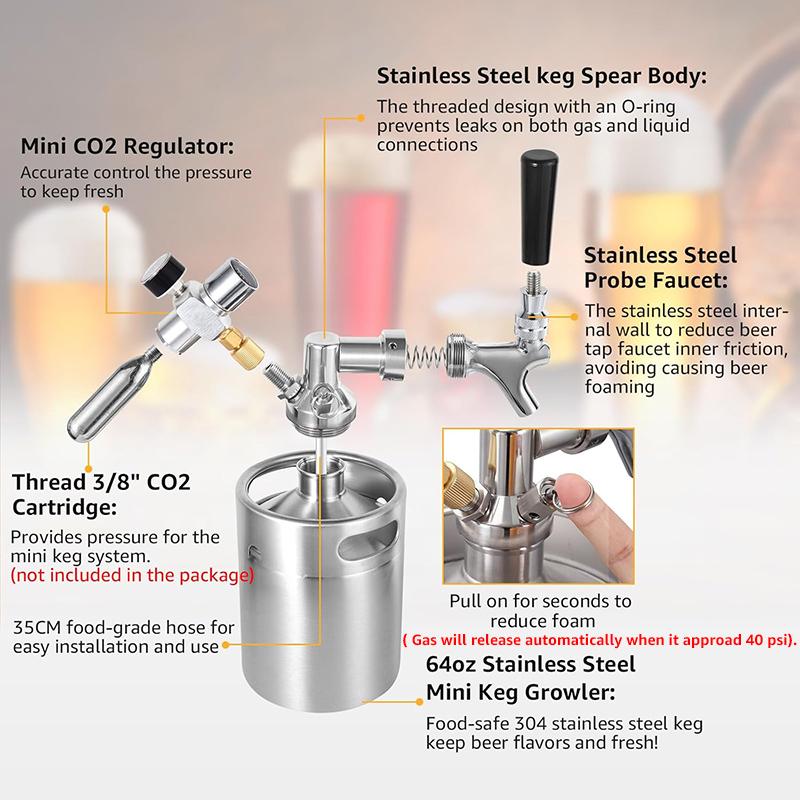 2L(64oz) Mini Keg Growler Kit,Craft Beer Barrel with 0-60psi Co2 Charger & Self-Closing Tap,Beer Carbonated Dispensing Container