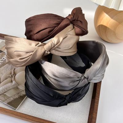 Retro Kaffeefarbe Satin Geknotete Breite Stirnbänder für Frau Temperament Elegant Haarband Haarreif Weibliche Mode Haaraccessoires