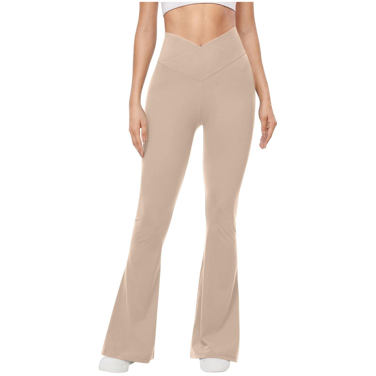 

Расклешенные леггинсы для женщин, эластичные штаны для йоги, эластичные спортивные штаны с высокой талией, широкие брюки для платья L бежевый