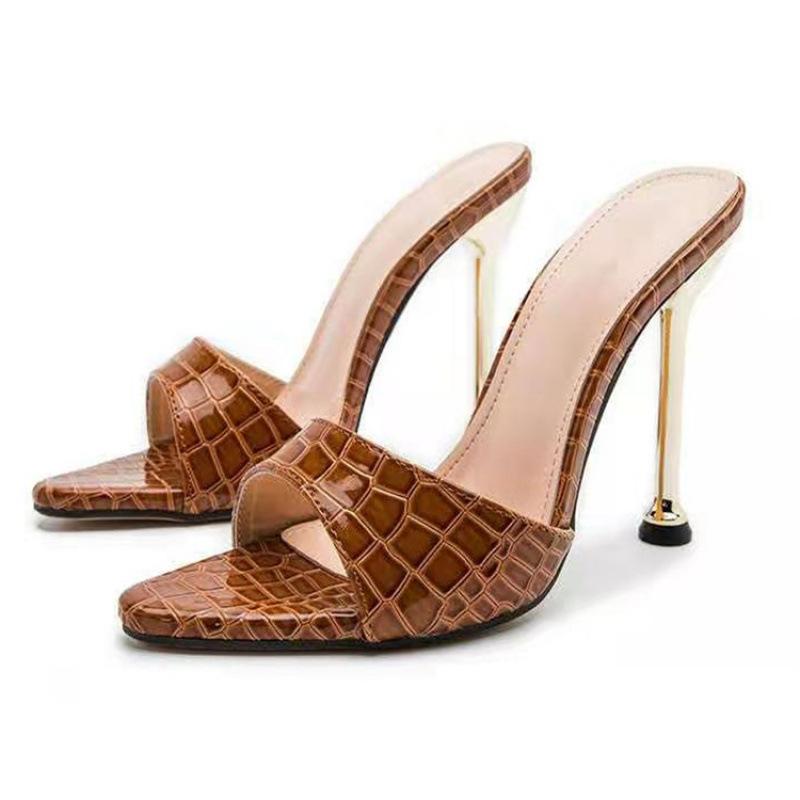 New European and American sexy snakeskin pattern pointed thin high-heeled cool slippers simple solid color large size banquet shoes