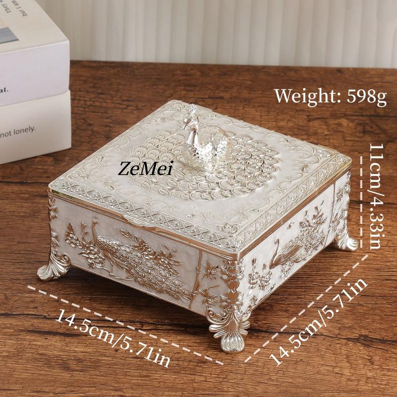 European-Style Four-Compartment Dry Fruit Plate Peacock Silver Box Storage Jar,Jewelry Organizer Jar Candy Container Decoration
