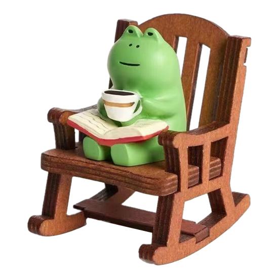 Mini Frog Figurine Resin Frog Sculpture with Rocking Chair Small Healing Frog Ornament for Car Interior Home Office Desktop