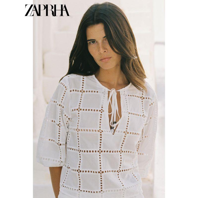 Zaprha 2025 Summer New Fashion Hollow Embroidered Short Round Neck V-neck Puff Sleeve Shirts 8741244