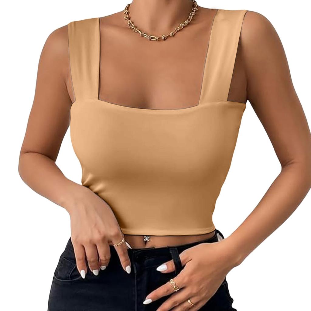 Basic Crop Tops for Women Square Collar Low Back Sleeveless Short Tank Top Solid Color Stretchy Bodycon Sexy Backless T Shirt