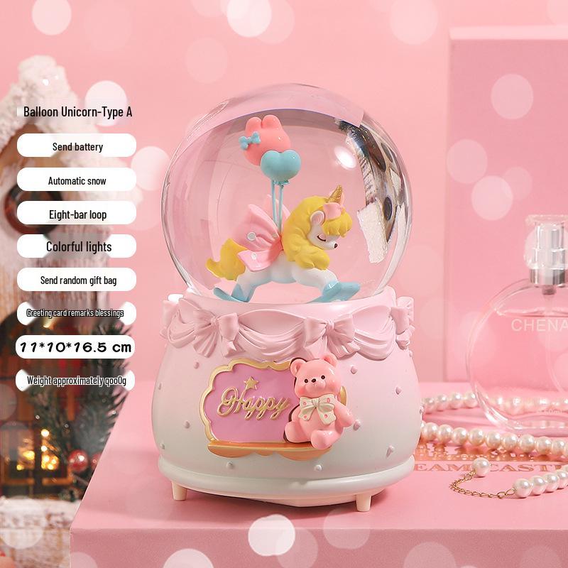 Creative Rotating Unicorn Crystal Ball Music Box with Luminous Snowfall
