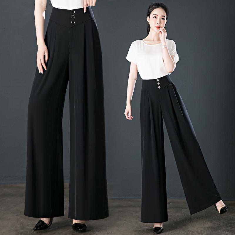 Ice Silk High-Waisted Wide-Leg Pants – Summer Thin, Draping Style for Petite, Middle-Aged Women, Versatile and Casual