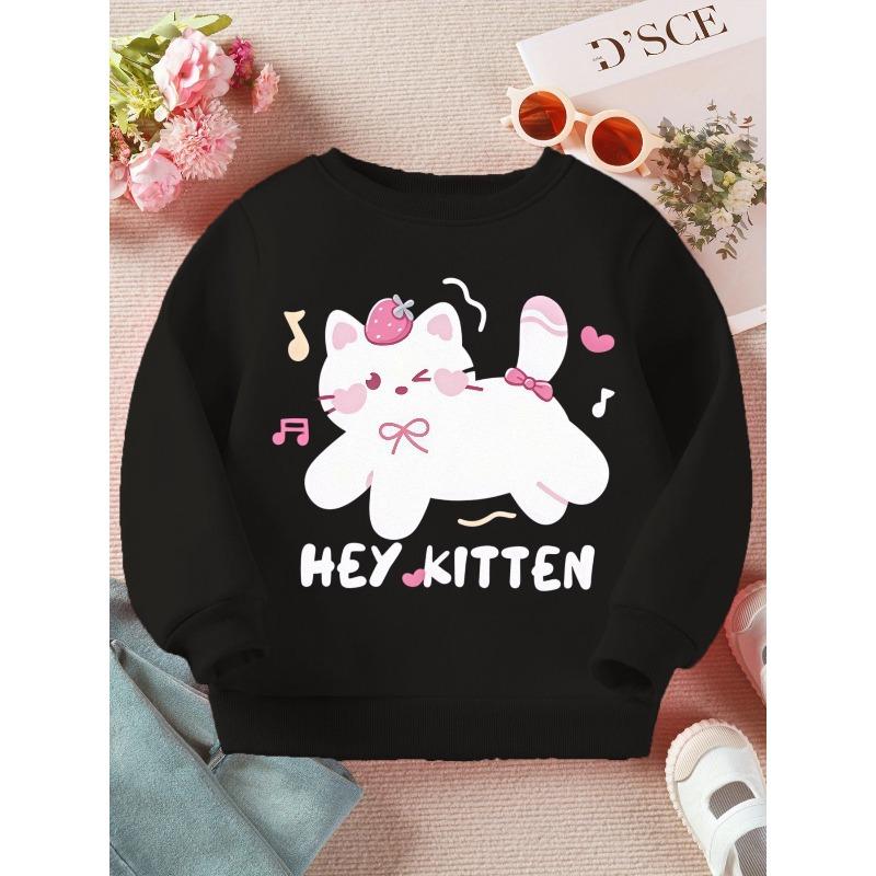 Kids Crewneck Sweatshirt, Cartoon Kitten Pink Bow Strawberry Print Long Sleeve Pullover for Spring Autumn 110