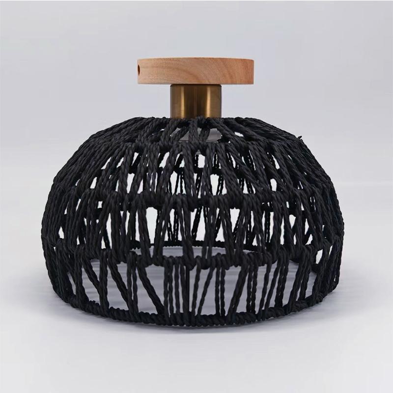 Rattan Ceiling Pendant Lamp Fixtures Hand-Woven Boho Semi Flush Mount Handmade Light Fixture with Paper Rope Shades for Bedroom