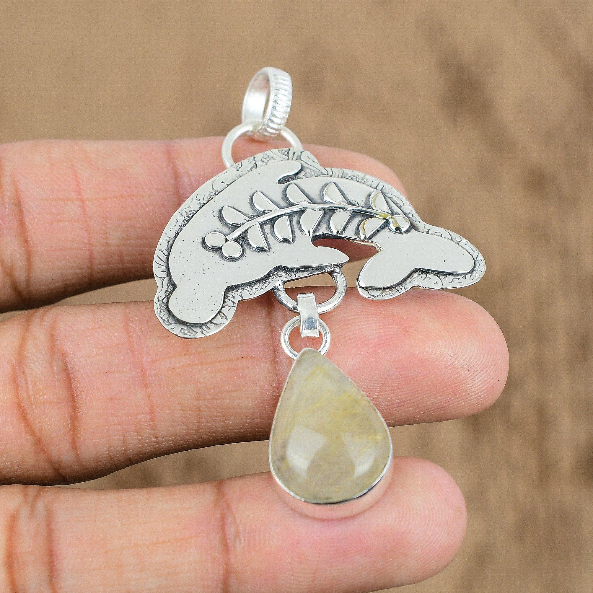 

Birthday Gift For Her Natural Golden Rutile Gemstone Pendant Fish 925 Silver