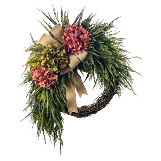 Artificial Hydrangea Wreath for Front Door 16 Inch Lifelike Floral Wreath with Burlap Bow for Door Wall Wedding Party Home Farmhouse Decoration