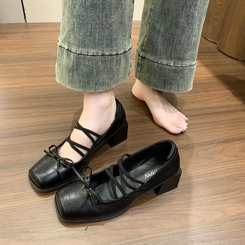 2026 French Single Shoes Women's Block Heel Beautiful High Heel Vintage Bow Mary Jane Shoes