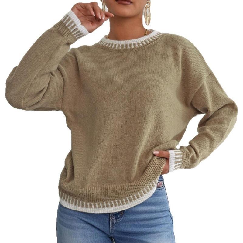 Women S Casual Loose Pullover Sweater Round Neck Long Sleeve Color Block