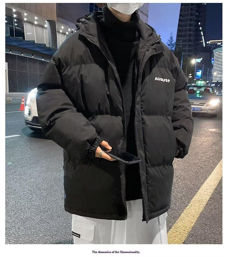 Hong Kong Style Men’s Thick Winter Stand Collar Jacket – Loose Fit, Solid Color, Printed Trendy Design