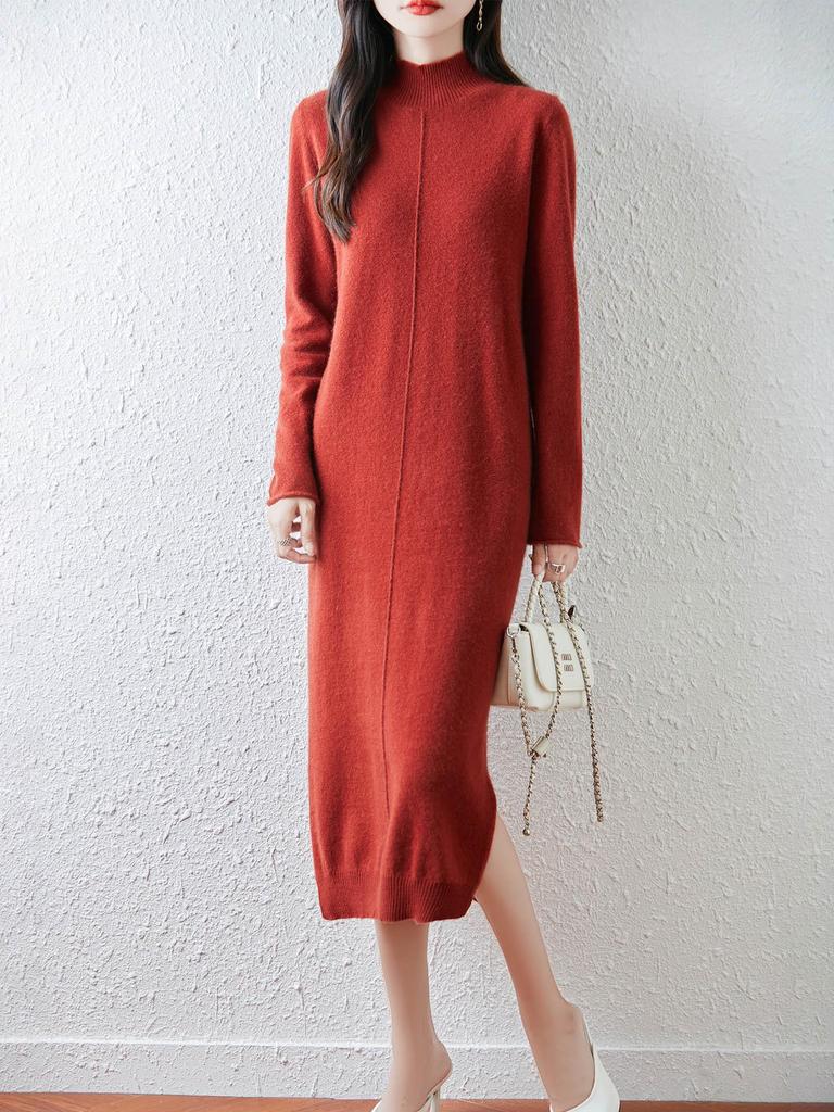 2025 Autumn/Winter Women's Wool Sweater Dress: Half-High Collar, Long Sleeve, Solid Color, Loose Fit