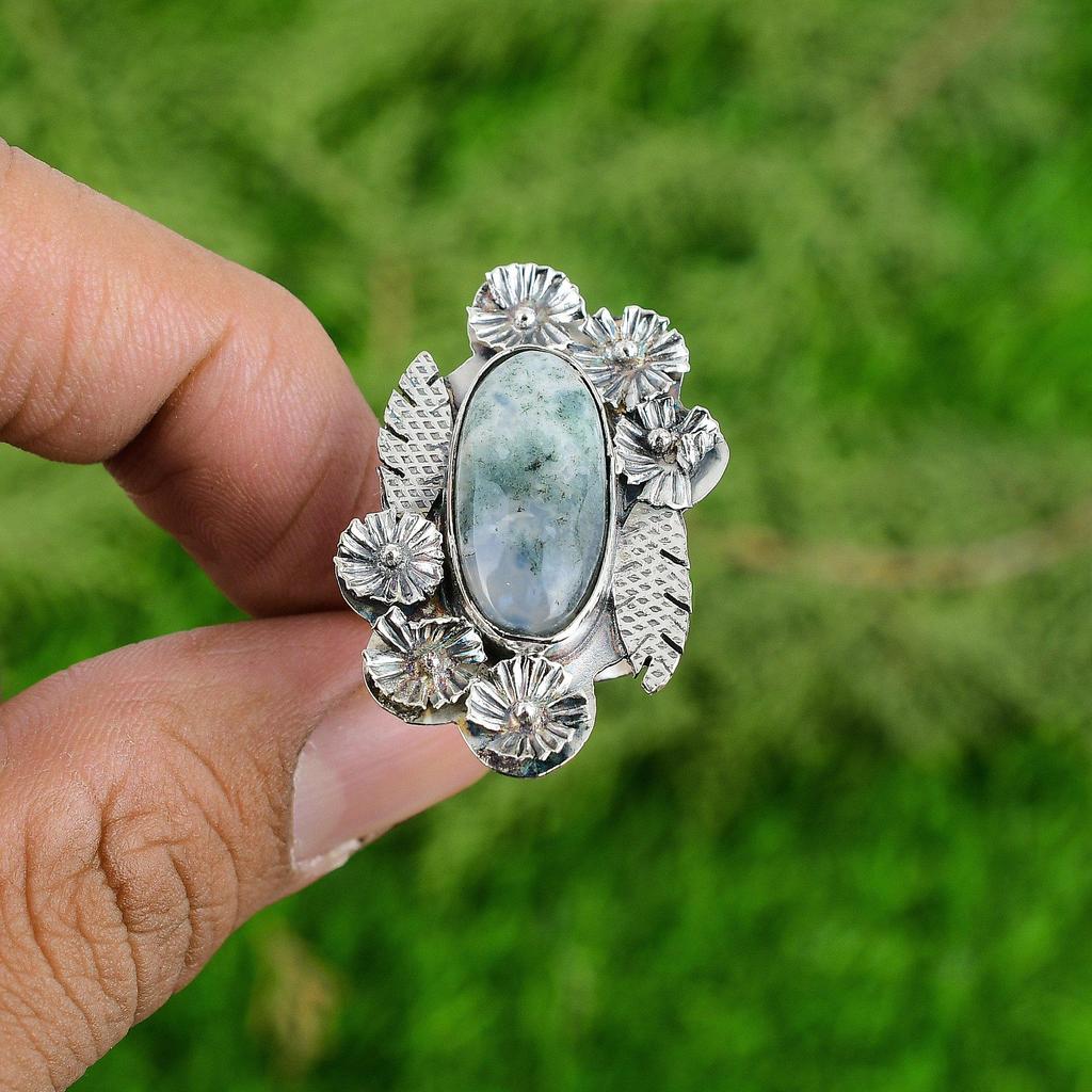925 Silver Natural Solar Moss Agate Stackable Flower Adjustable Ring