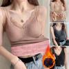 Women Thermal Vest Lace Trim Plush-lined V Neck Sleeveless Thread Solid Color Slim Fit Elastic with Chest Pads Tank Top