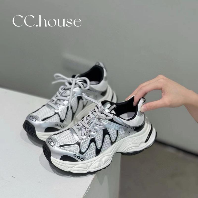 Leather Thick-soled Mesh Breathable Dad Shoes Women's Summer New Color Matching Increases Comfort Casual Shoes Tide