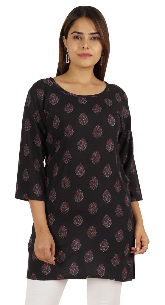 Moomaya Womens Tops Rayon Block Print Tunic 3 4th Sleeve Tunic Summer Blouse