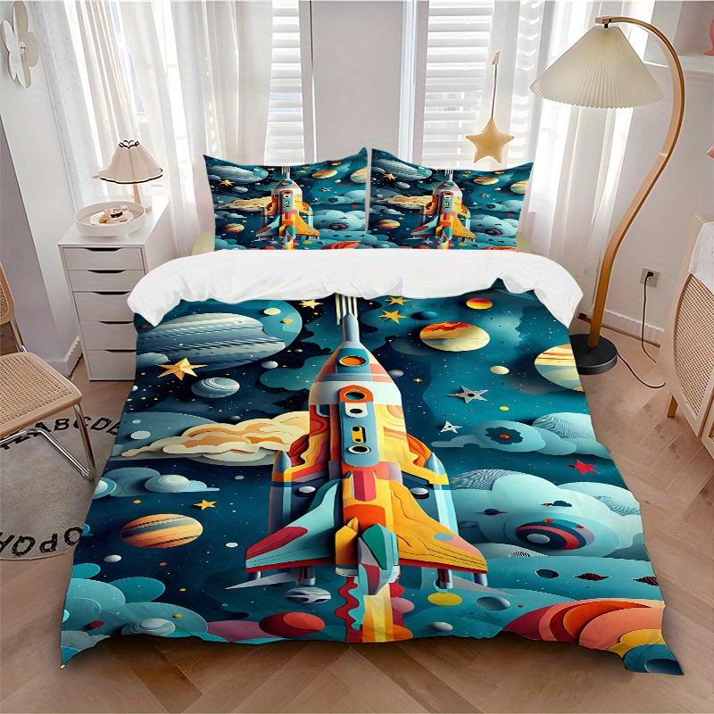 

3pcs set Space Adventure 1 Quilt Cover + 2 Pillowcases, All Seasons Bedroom Setting, Perfect for Home and Dorm Decor a190 135x200cm