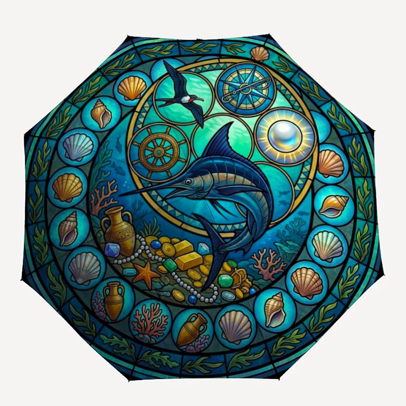 Marine Life Treasure Pattern Umbrella, Portable and Foldable Design, 8 Ribs, a Casual Accessory for Halloween, Christmas, and Birthday Gifts.