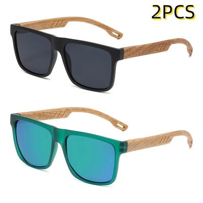 Design Use Daily 2 Pack SquareStyle Frame Bamboo Wood Grain Foot Silk Sunglasses Vintage UV Resistant Sunglasses