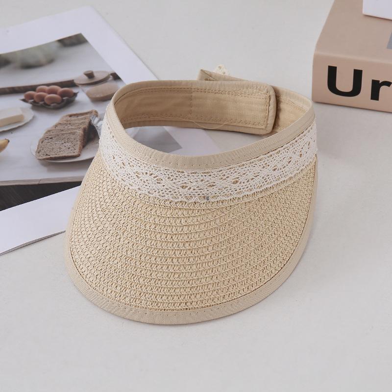 Straw Empty Top Hat Women'S Summer Sun Protection Visor Hat Lace Edge Versatile Travel Sun Hat