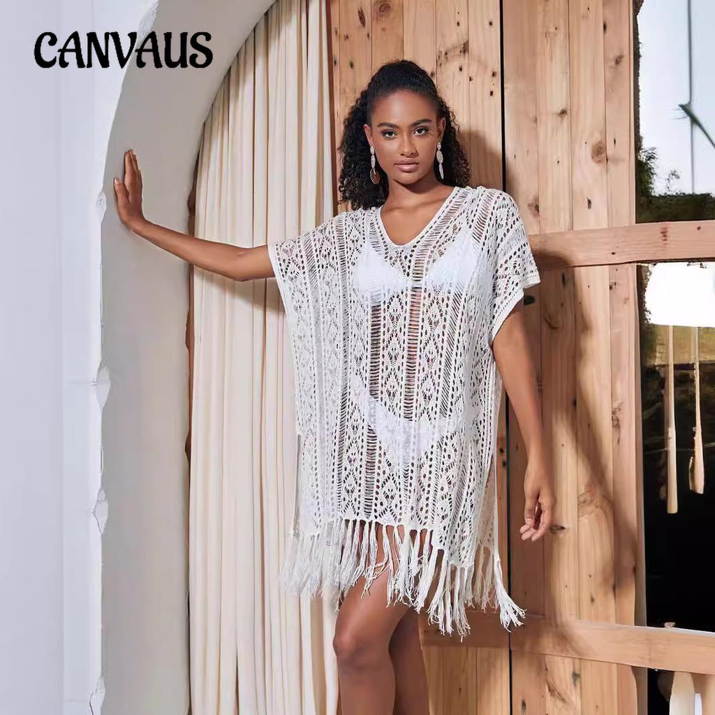 Summer Women's Loose Hollow Tassel Knit V-Neck Top Medium Long Seaside Holiday Swimwear Beach Cover Up