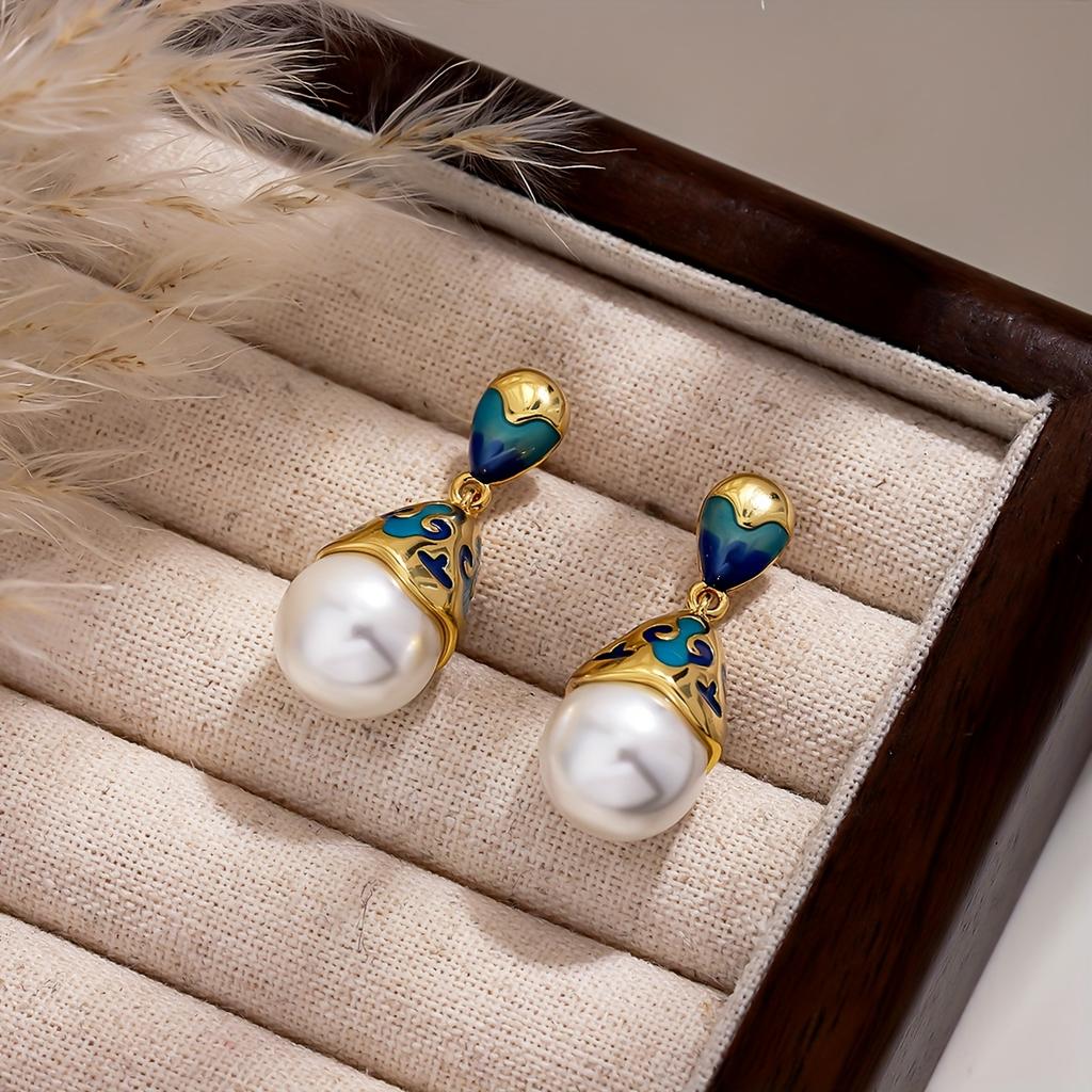 1 Pair Vintage Elegant Women's Enamel Earrings - Turquoise Blue & Golden Antique Imitation -like Drop Dangle Earrings with Ornate Chinese/-Inspired Mo