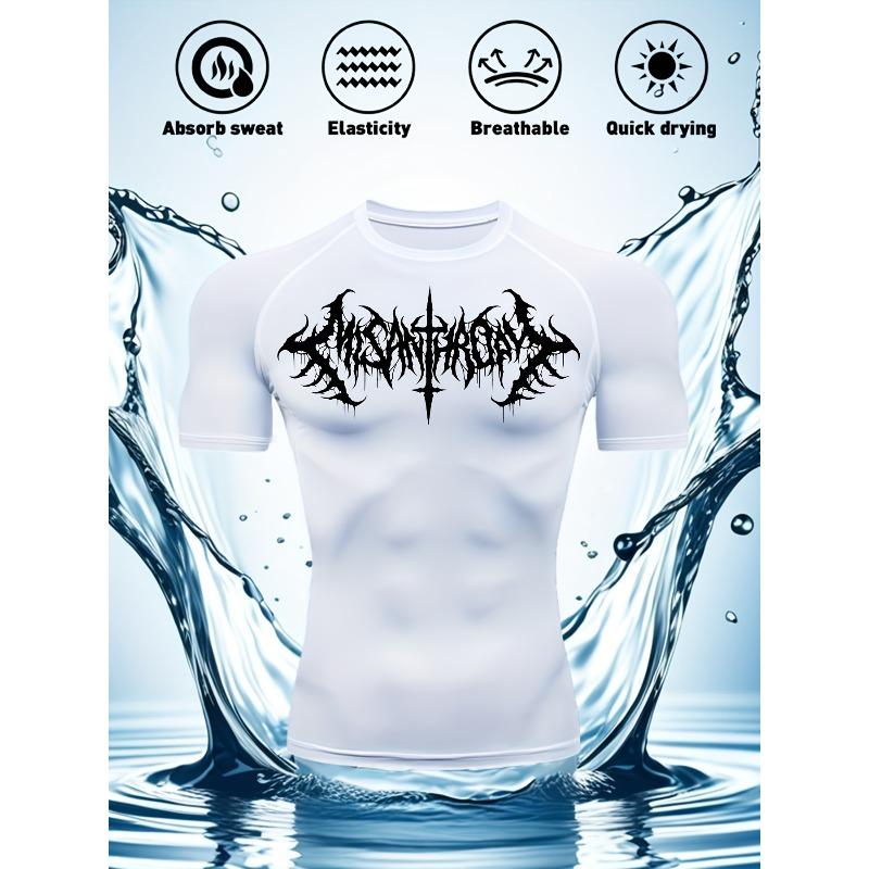 Mens Black Compression Short Sleeve T-Shirt White Death Metal Tribal Graphic Absorb Sweat Quick Dry High Elasticity Gym And MMA Athletic Top