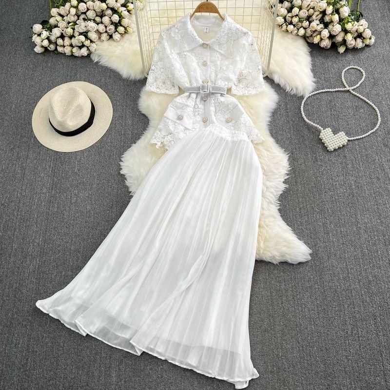 Single-Breasted Lace Pleated Skirt Fashion Suit