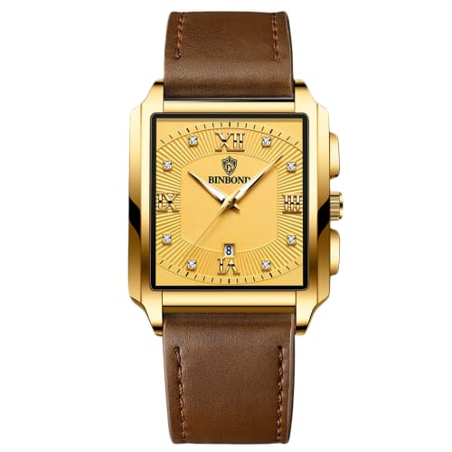 

RORIOS Men s Quartz Watch with Date Display, Luminous Movement, Waterproof, Square Shape, Gold B Strap (PU Strap), Luxury Business and Casual Wristwat