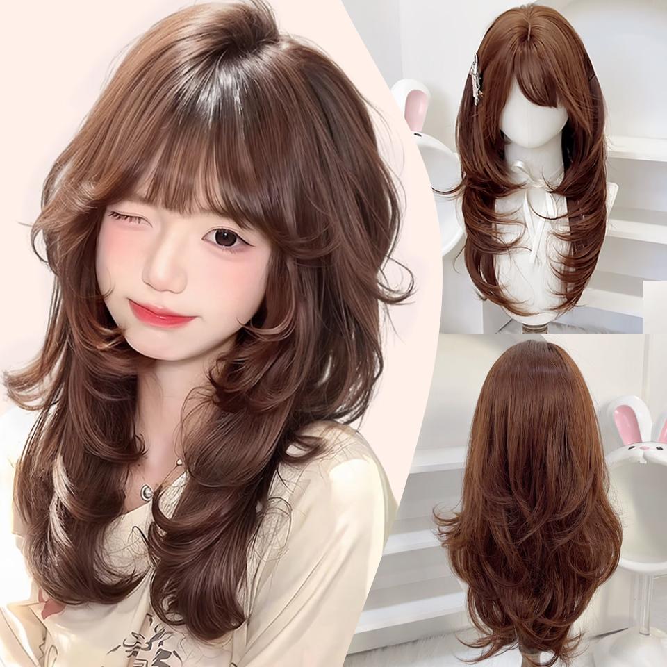 

Медово-коричневый прямой парик синтетический парик Лолиты многослойный прямой парик с челкой подходит для ношения дамами на Хэллоуин и Рождество 65CM