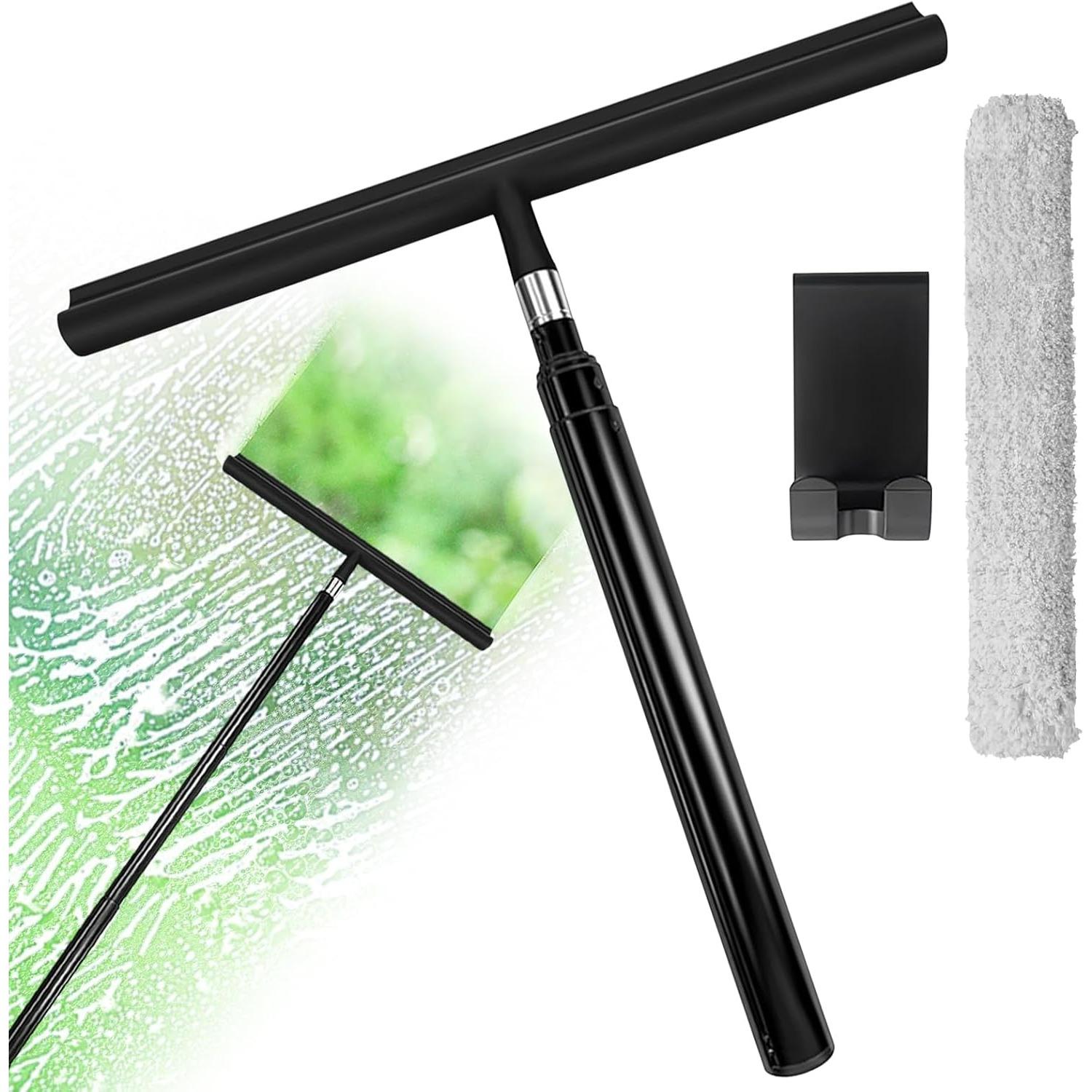 Shower Squeegee Black with Telescopic Handle Window Squeegee,Tiles with Hooks,Replacement Rubber,Microfibre Cloth Flit,Shower Screen Squeegee чёрный