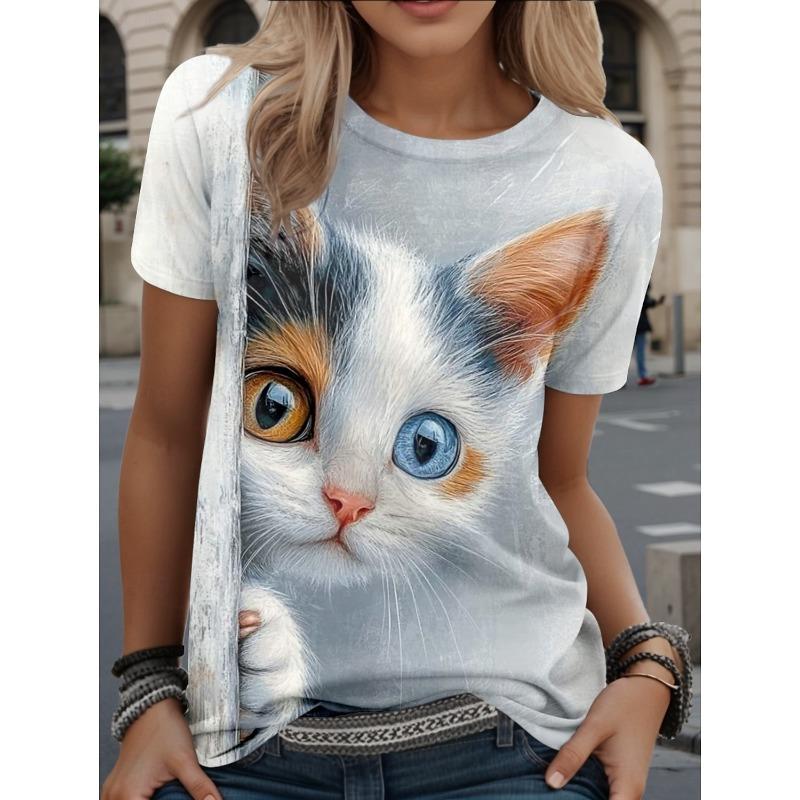 Summer Fashion Women's Animal T Shirt Stylish Kawaii Cat Printed Casual Short Sleeve Crew Neck Tees Round Neck Regular Tops