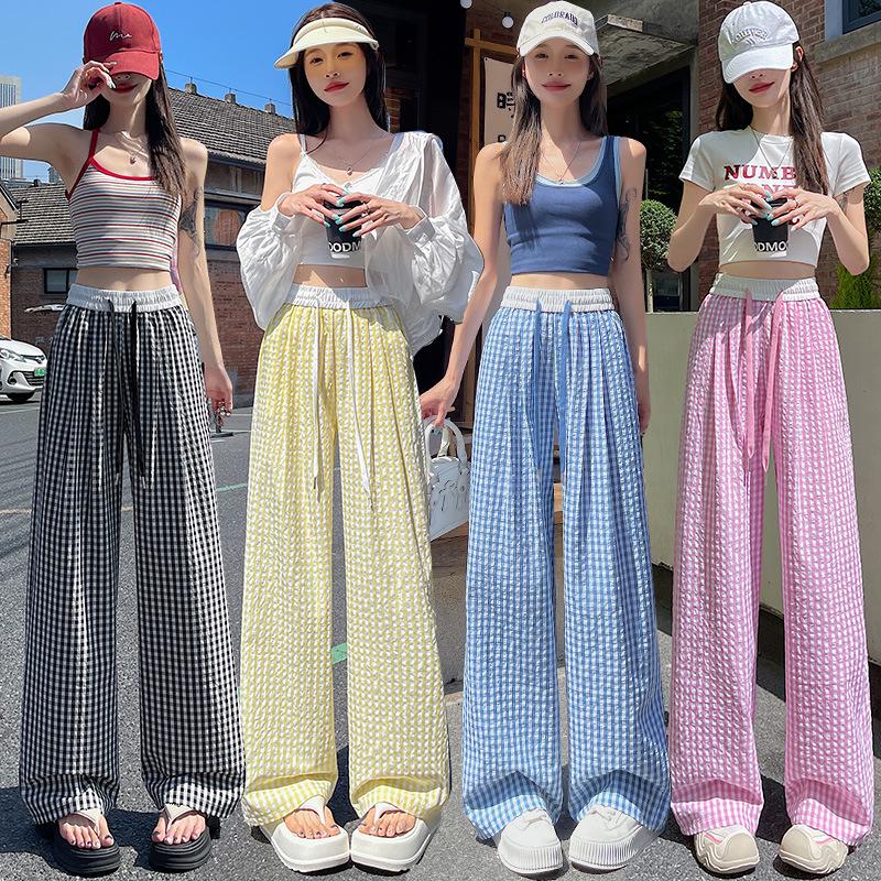 Petite Pink Plaid High Waist Wide Leg Summer Trousers for Women