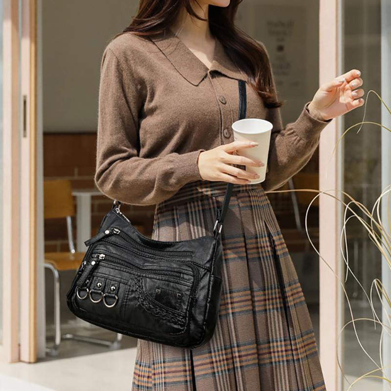 Přeshraniční módní a lehká kabelka pro ženy středního věku s velkou kapacitou, vícevrstvá kabelka přes rameno z měkké kůže s texturou