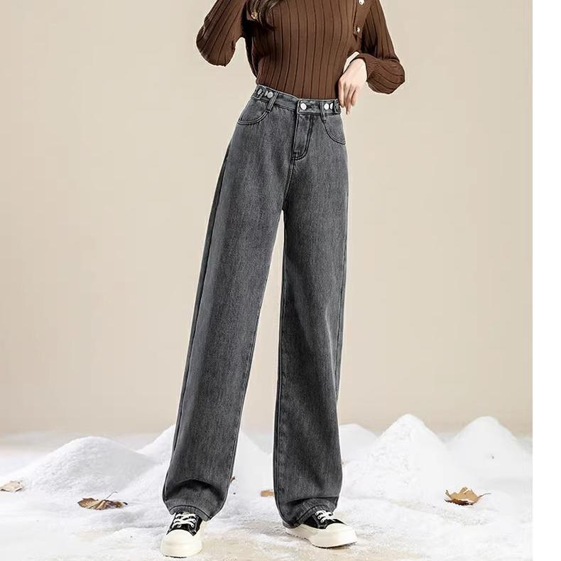 

Жіночі широкі плюшеві джинси із завищеною талією та широкими штанинами - стрункі, теплі та драпіровані на осінь і зиму 2XL