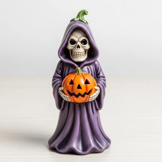 Halloween Skull Pumpkin Figurine Resin Skeleton Holding Pumpkin Statue Spooky Tabletop Ornaments for Indoor Home Decor