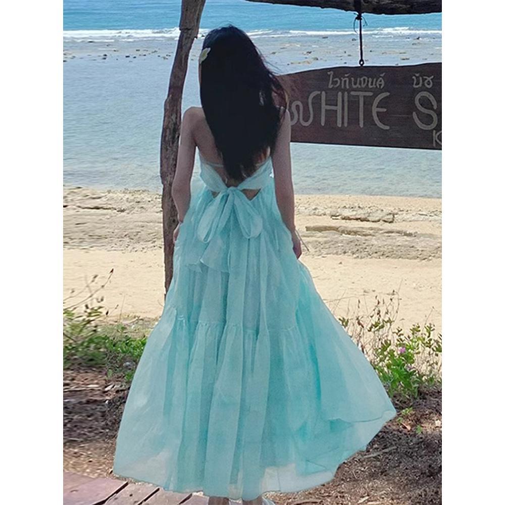 Fengxin purple v-neck neck suspender dress long dress women's summer seaside travel photo dopamine vacation skirt atmosphere